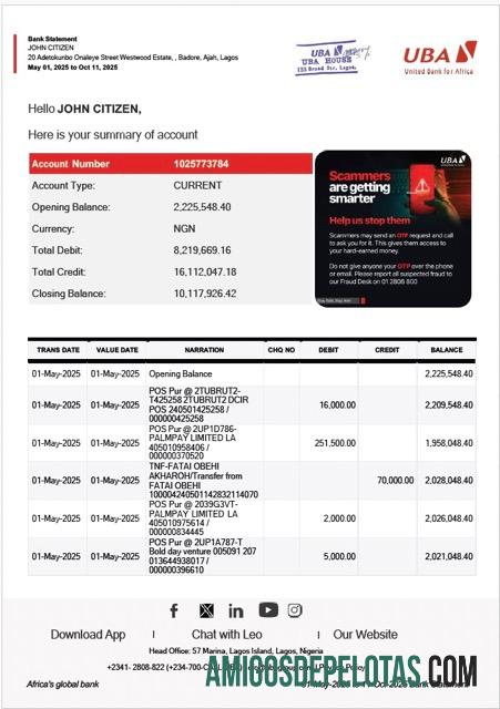 Modelo para download em Word e PDF do Extrato Bancário do Nigeria United Bank For Africa